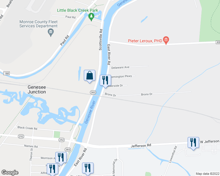 map of restaurants, bars, coffee shops, grocery stores, and more near 31 Riverside Drive in Rochester