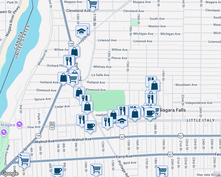 map of restaurants, bars, coffee shops, grocery stores, and more near 1002 13th Street in Niagara Falls