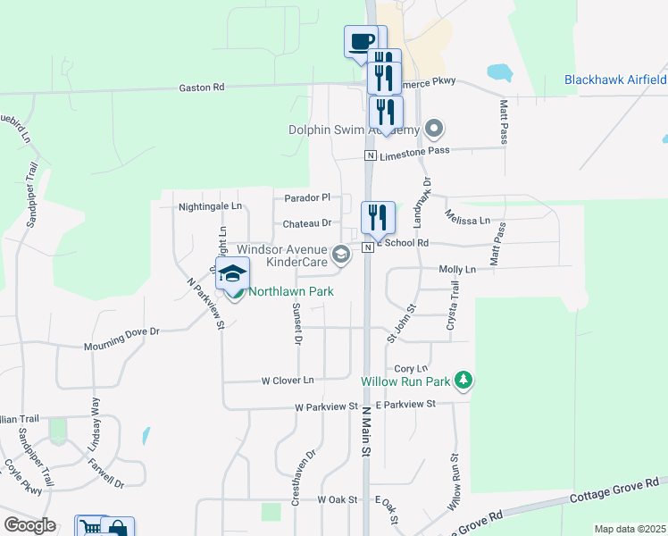 map of restaurants, bars, coffee shops, grocery stores, and more near 1001 North Windsor Avenue in Cottage Grove