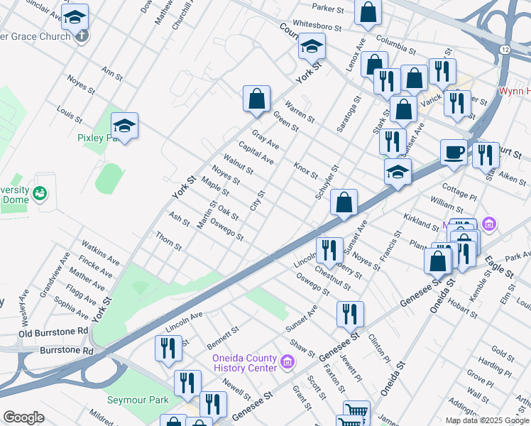 map of restaurants, bars, coffee shops, grocery stores, and more near 1416 Lenox Avenue in Utica