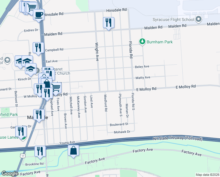 map of restaurants, bars, coffee shops, grocery stores, and more near 408 East Molloy Road in Mattydale
