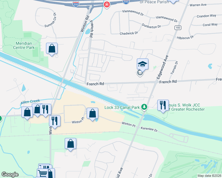 map of restaurants, bars, coffee shops, grocery stores, and more near 607 French Road in Rochester