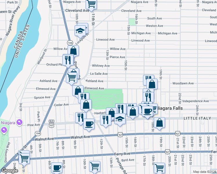 map of restaurants, bars, coffee shops, grocery stores, and more near 1002 13th Street in Niagara Falls