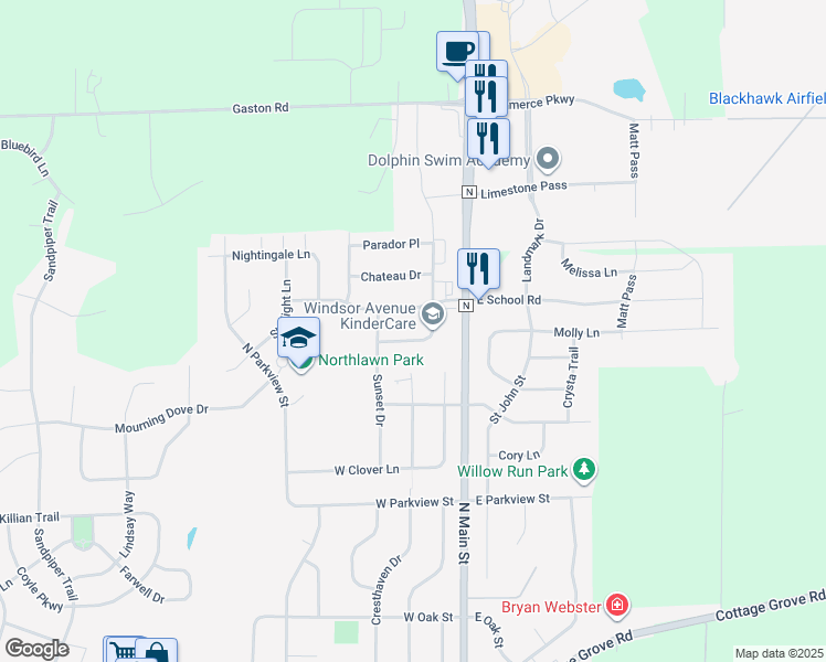 map of restaurants, bars, coffee shops, grocery stores, and more near 126 West Windsor Avenue in Cottage Grove