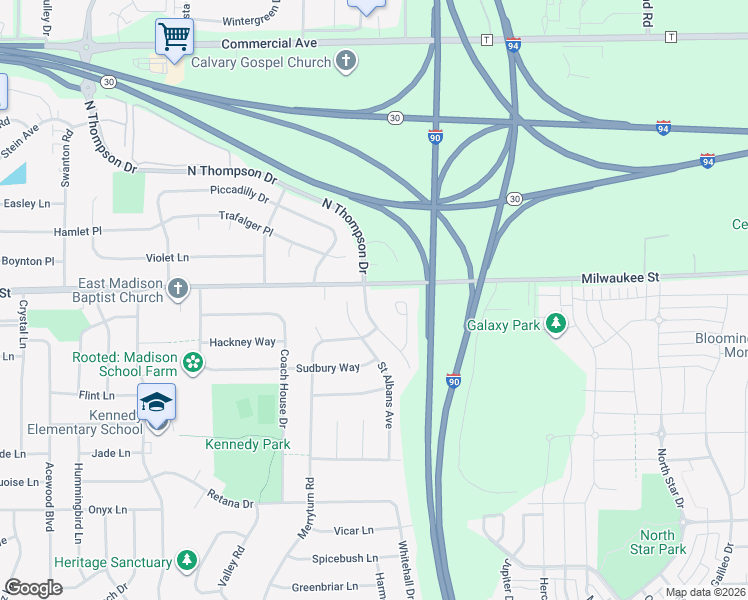map of restaurants, bars, coffee shops, grocery stores, and more near 17 Saint Albans Avenue in Madison