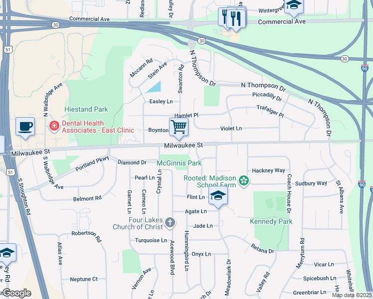 map of restaurants, bars, coffee shops, grocery stores, and more near 10 Walker Drive in Madison