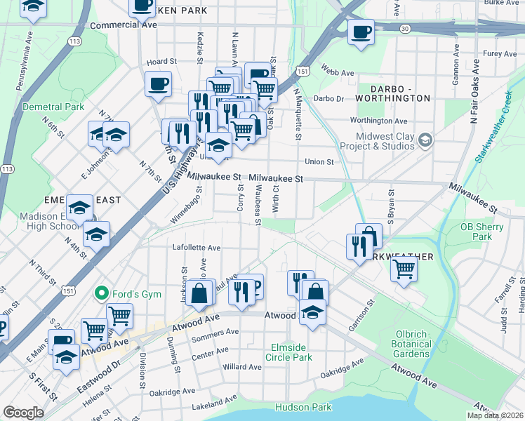 map of restaurants, bars, coffee shops, grocery stores, and more near 61 Waubesa Street in Madison