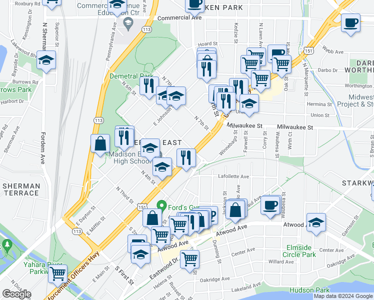 map of restaurants, bars, coffee shops, grocery stores, and more near 2326 East Washington Avenue in Madison