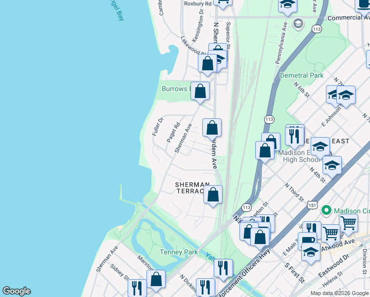 map of restaurants, bars, coffee shops, grocery stores, and more near 1911 Sherman Avenue in Madison