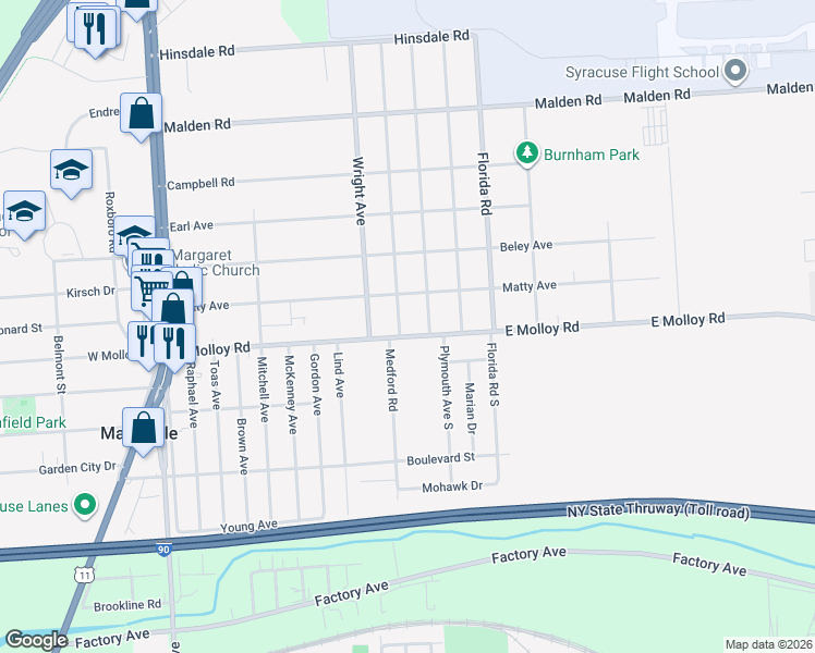 map of restaurants, bars, coffee shops, grocery stores, and more near 408 East Molloy Road in Mattydale