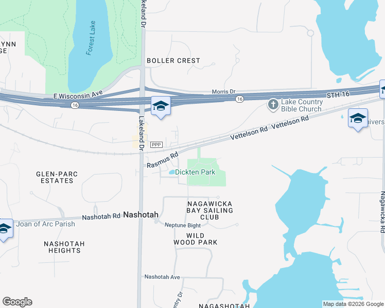 map of restaurants, bars, coffee shops, grocery stores, and more near N44w32787 Rasmus Road in Nashotah
