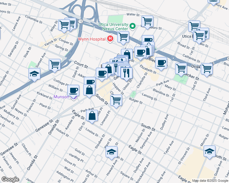 map of restaurants, bars, coffee shops, grocery stores, and more near 8 Hopper Street in Utica