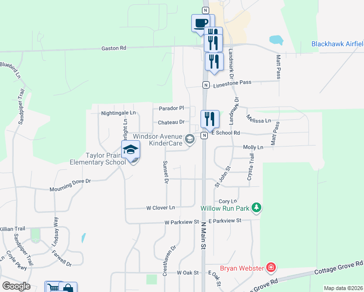 map of restaurants, bars, coffee shops, grocery stores, and more near 126 West Windsor Avenue in Cottage Grove