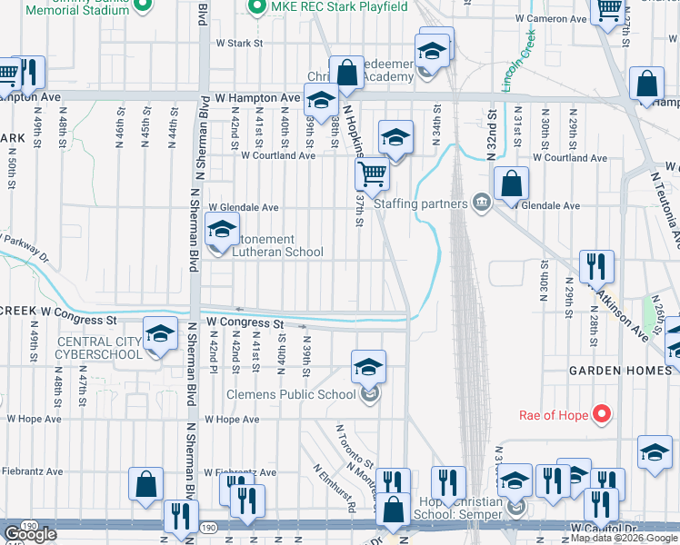 map of restaurants, bars, coffee shops, grocery stores, and more near 4438 North 38th Street in Milwaukee