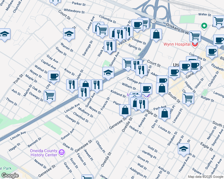 map of restaurants, bars, coffee shops, grocery stores, and more near 700 Kirkland Street in Utica