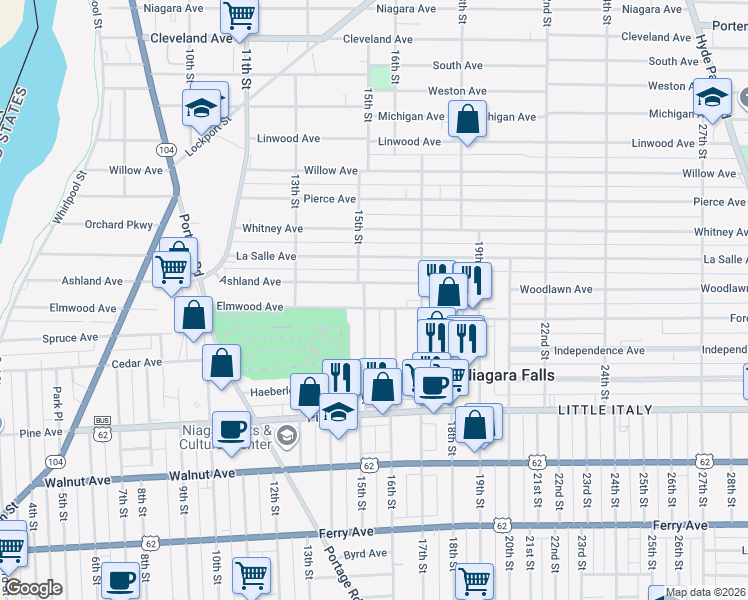 map of restaurants, bars, coffee shops, grocery stores, and more near 836 15th Street in Niagara Falls