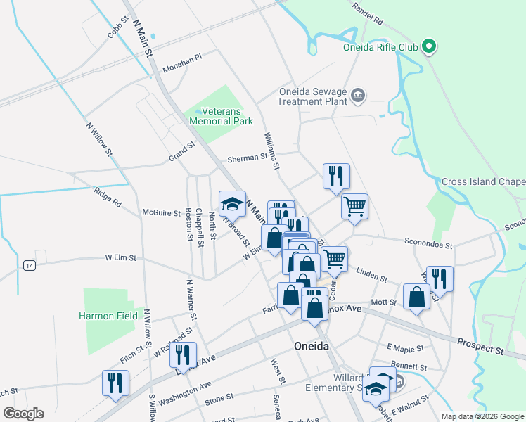 map of restaurants, bars, coffee shops, grocery stores, and more near 217 North Main Street in Oneida