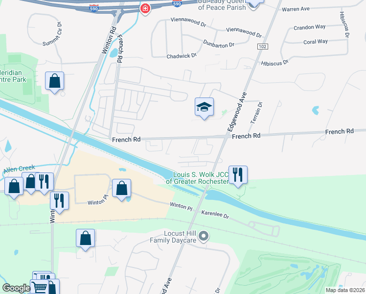 map of restaurants, bars, coffee shops, grocery stores, and more near 515 French Rd in Brighton