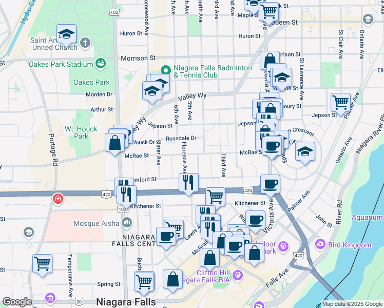 map of restaurants, bars, coffee shops, grocery stores, and more near McRae Street in Niagara Falls