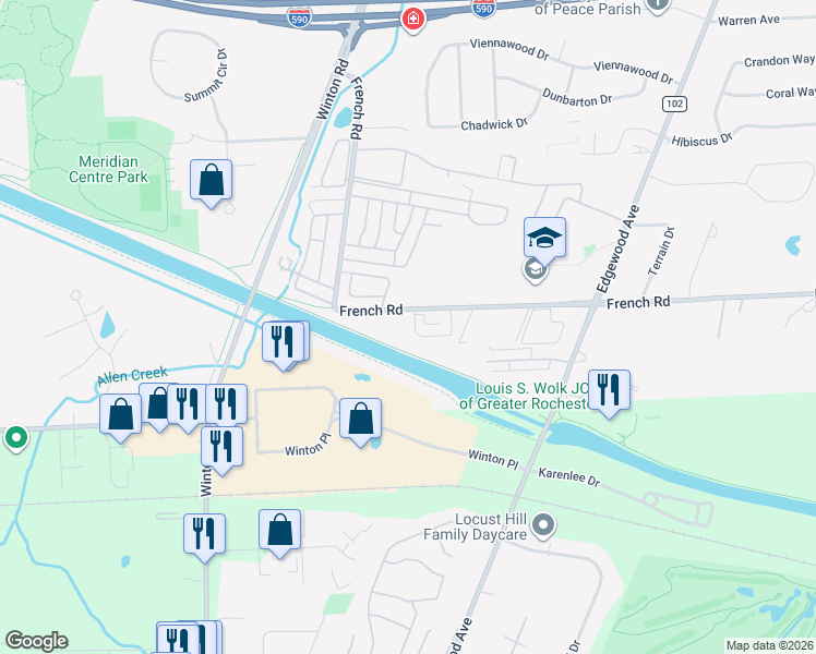 map of restaurants, bars, coffee shops, grocery stores, and more near 629 French Road in Rochester