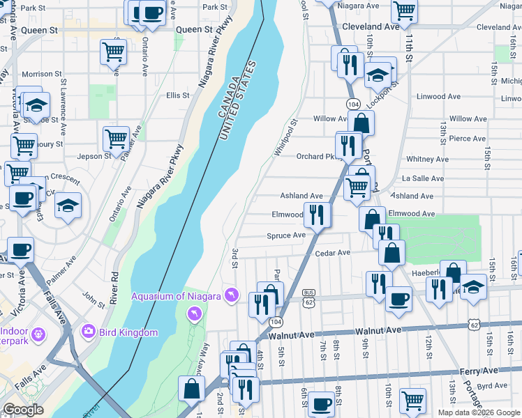 map of restaurants, bars, coffee shops, grocery stores, and more near 437 Elmwood Avenue in Niagara Falls