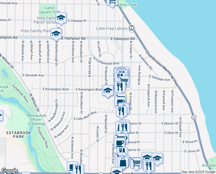 map of restaurants, bars, coffee shops, grocery stores, and more near 4476 North Newhall Street in Shorewood