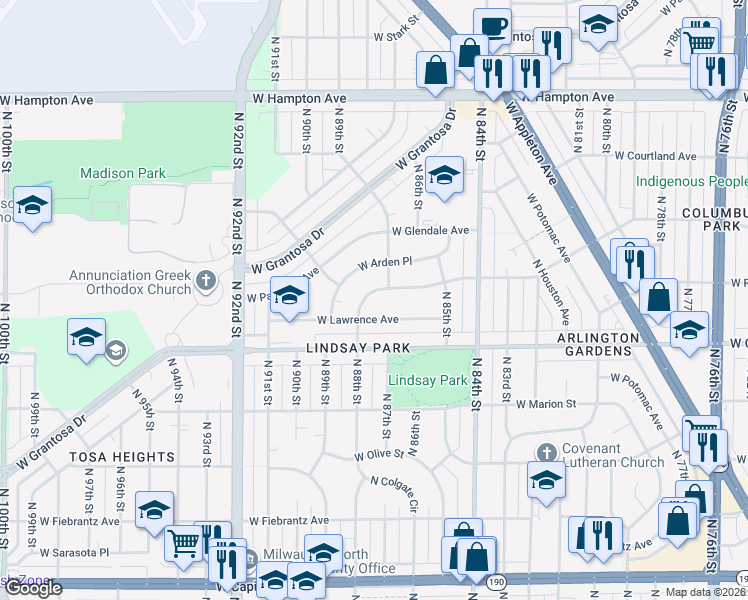 map of restaurants, bars, coffee shops, grocery stores, and more near 8700 West Lawrence Avenue in Milwaukee