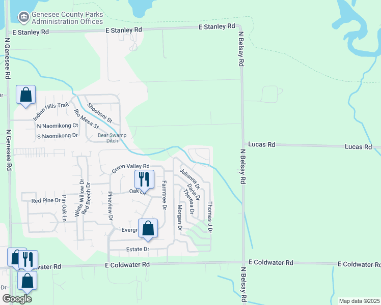 map of restaurants, bars, coffee shops, grocery stores, and more near 923 Kathy Circle in Flint