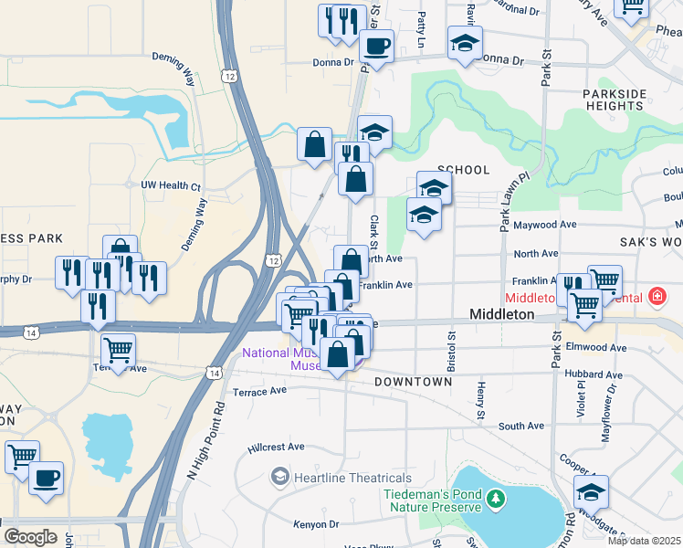 map of restaurants, bars, coffee shops, grocery stores, and more near 2024 Parmenter Street in Middleton