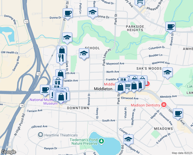 map of restaurants, bars, coffee shops, grocery stores, and more near 7215 Franklin Avenue in Middleton