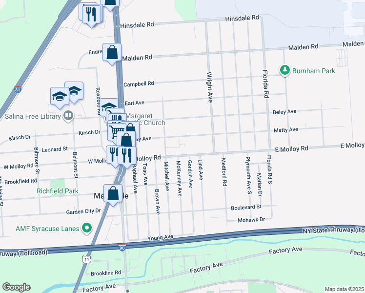 map of restaurants, bars, coffee shops, grocery stores, and more near 214 East Molloy Road in Mattydale