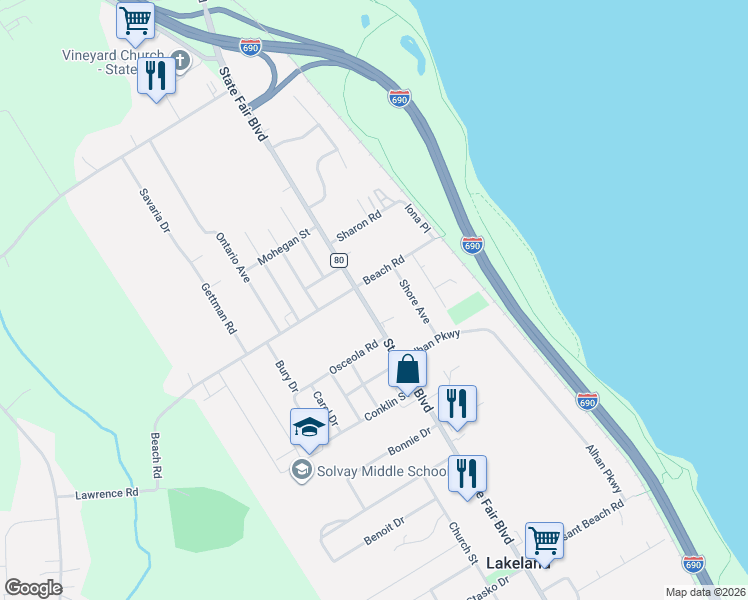 map of restaurants, bars, coffee shops, grocery stores, and more near 960 State Fair Boulevard in Syracuse