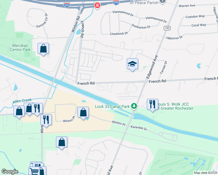 map of restaurants, bars, coffee shops, grocery stores, and more near 607 French Road in Rochester