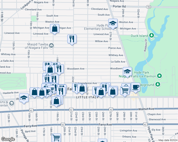 map of restaurants, bars, coffee shops, grocery stores, and more near 2260 Forest Avenue in Niagara Falls