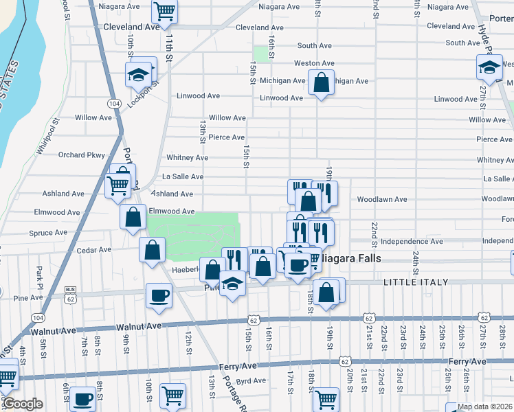 map of restaurants, bars, coffee shops, grocery stores, and more near 836 15th Street in Niagara Falls