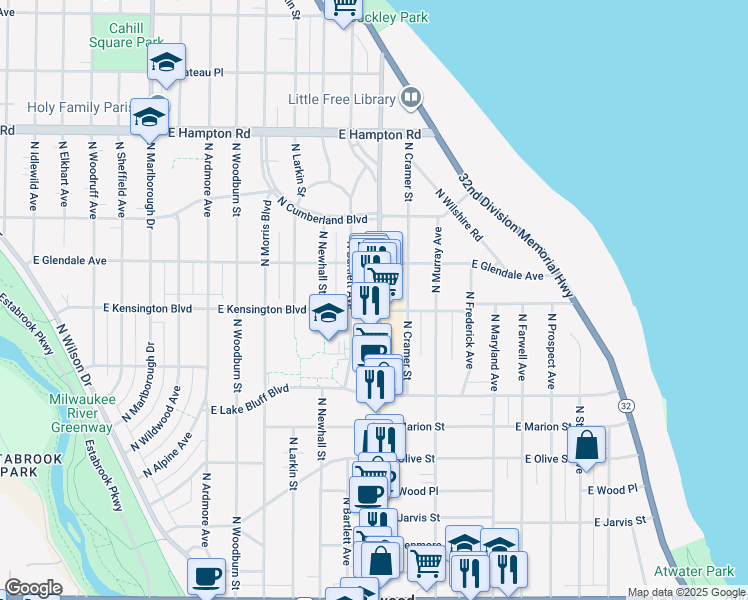 map of restaurants, bars, coffee shops, grocery stores, and more near 4483 North Oakland Avenue in Shorewood
