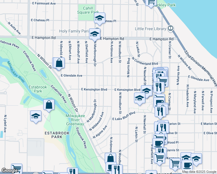 map of restaurants, bars, coffee shops, grocery stores, and more near 1207 East Kensington Boulevard in Shorewood