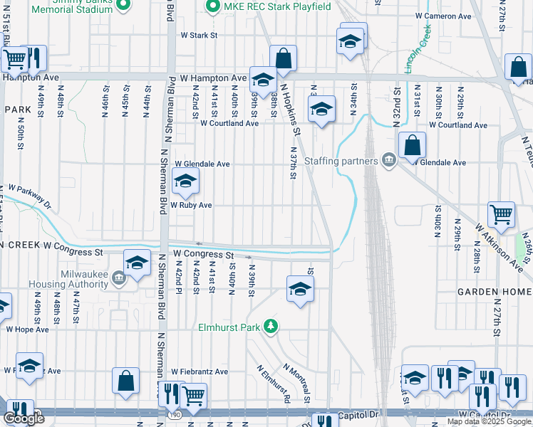 map of restaurants, bars, coffee shops, grocery stores, and more near 4434 North 39th Street in Milwaukee
