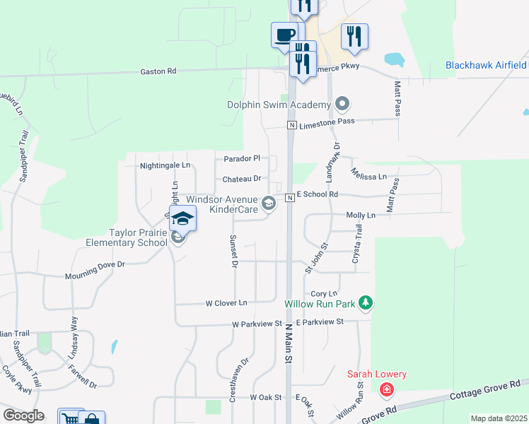 map of restaurants, bars, coffee shops, grocery stores, and more near 104 West Windsor Avenue in Cottage Grove
