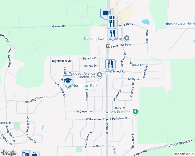 map of restaurants, bars, coffee shops, grocery stores, and more near 104 West Windsor Avenue in Cottage Grove