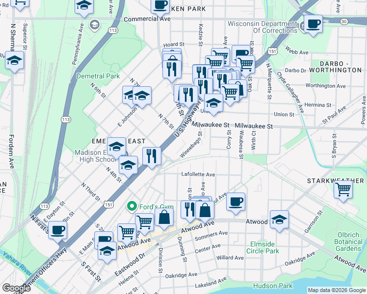 map of restaurants, bars, coffee shops, grocery stores, and more near 119 Division Street in Madison
