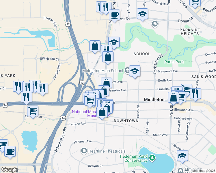 map of restaurants, bars, coffee shops, grocery stores, and more near 7455 Franklin Avenue in Middleton