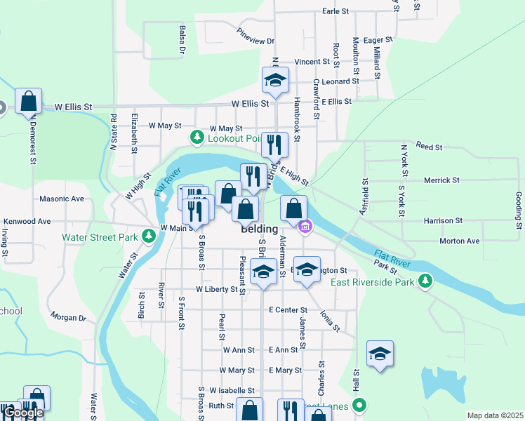 map of restaurants, bars, coffee shops, grocery stores, and more near 100 Depot Street in Belding