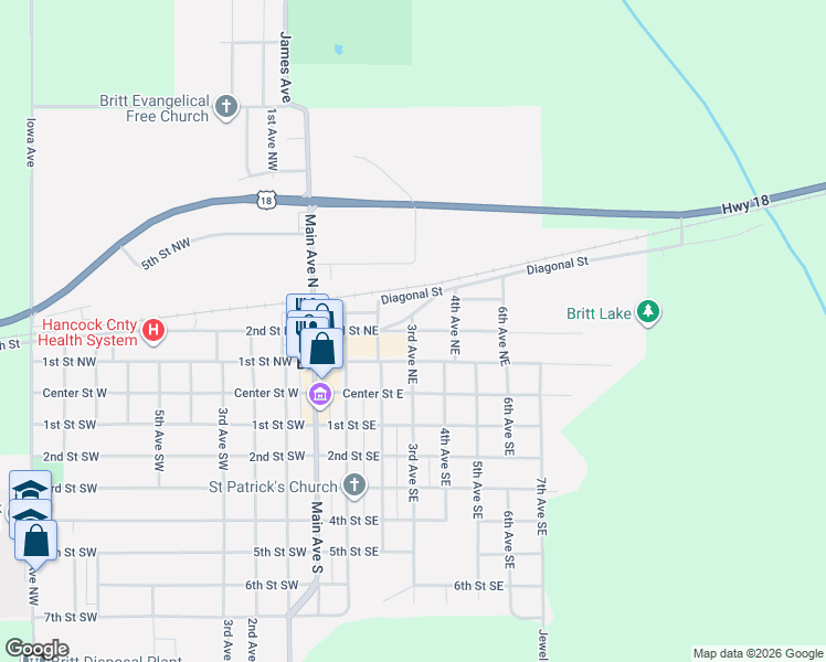map of restaurants, bars, coffee shops, grocery stores, and more near 199 3rd Avenue Northeast in Britt