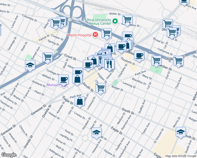 map of restaurants, bars, coffee shops, grocery stores, and more near 8 Hopper Street in Utica