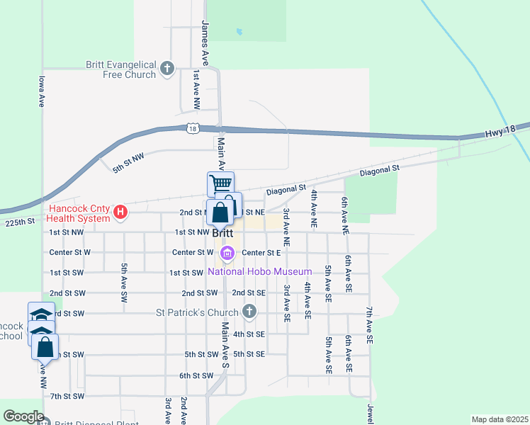 map of restaurants, bars, coffee shops, grocery stores, and more near 169 Diagonal Street Northeast in Britt