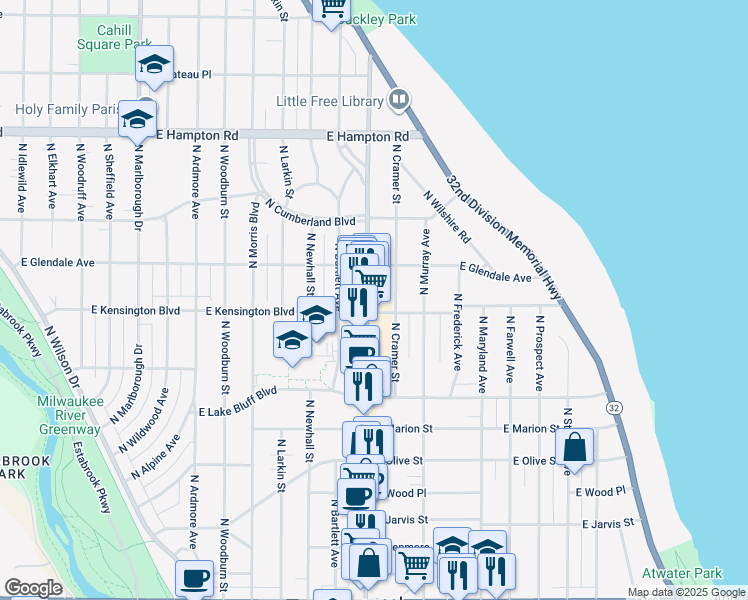 map of restaurants, bars, coffee shops, grocery stores, and more near 4510 North Oakland Avenue in Shorewood