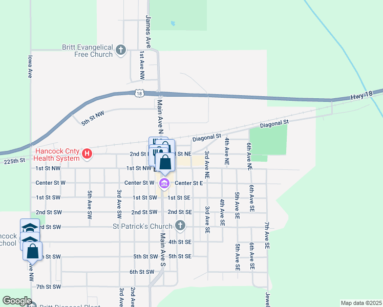 map of restaurants, bars, coffee shops, grocery stores, and more near 169 Diagonal Street Northeast in Britt