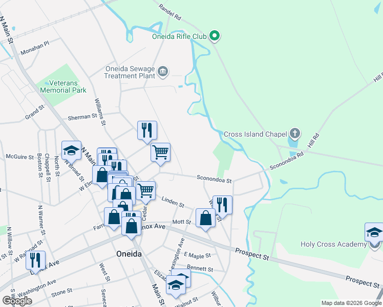 map of restaurants, bars, coffee shops, grocery stores, and more near 305 Sconondoa Street in Oneida