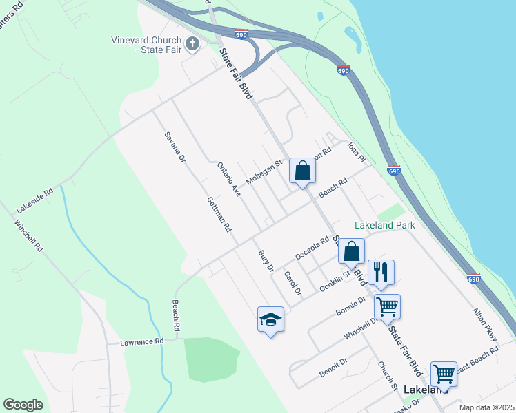 map of restaurants, bars, coffee shops, grocery stores, and more near 102 Ontario Avenue in Syracuse